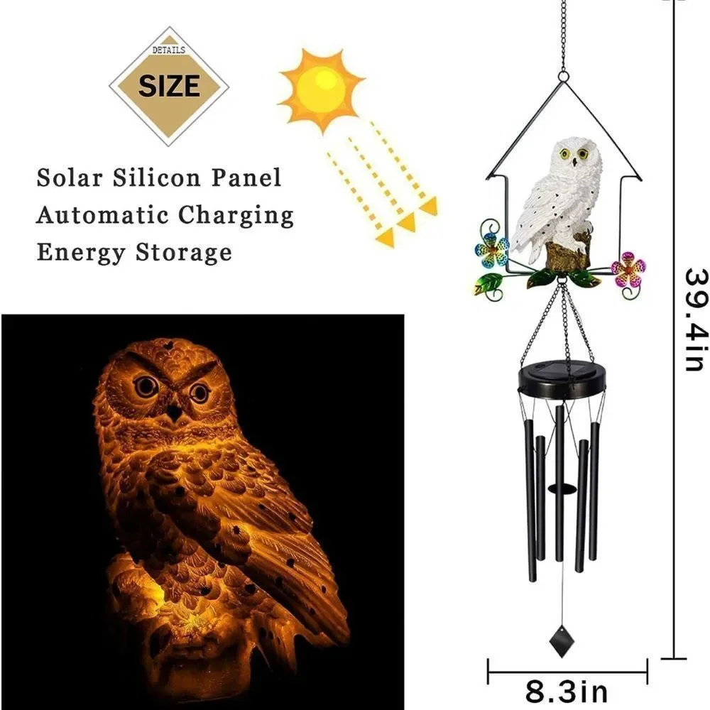 Solar OWL Wind-chimes. Outdoor decor solar powered lights up at night.